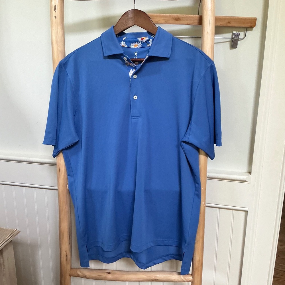 Fairway & Greene Mens Blue‎ Performance Polo Shirt Daisy Floral Trim Size M USA